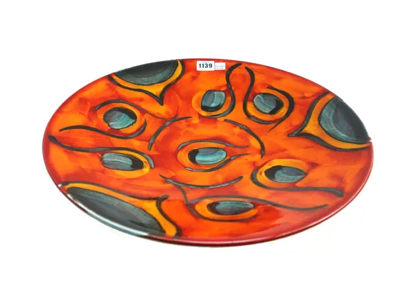 A modern Poole pottery charger, 'Living Glaze', 'Peacock' pattern from the Delphis range, 42cm diameter, boxed.