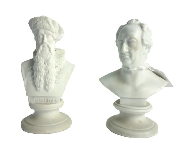 Two small Meissen biscuit portrait busts of Goethe and Gutenberg, late 18th/early 19th century, the latter titled, each raised on a socle base, blue p