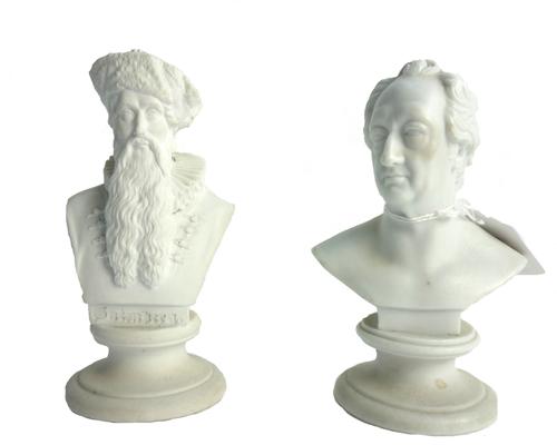 Two small Meissen biscuit portrait busts of Goethe and Gutenberg, late 18th/early 19th century, the latter titled, each raised on a socle base, blue p