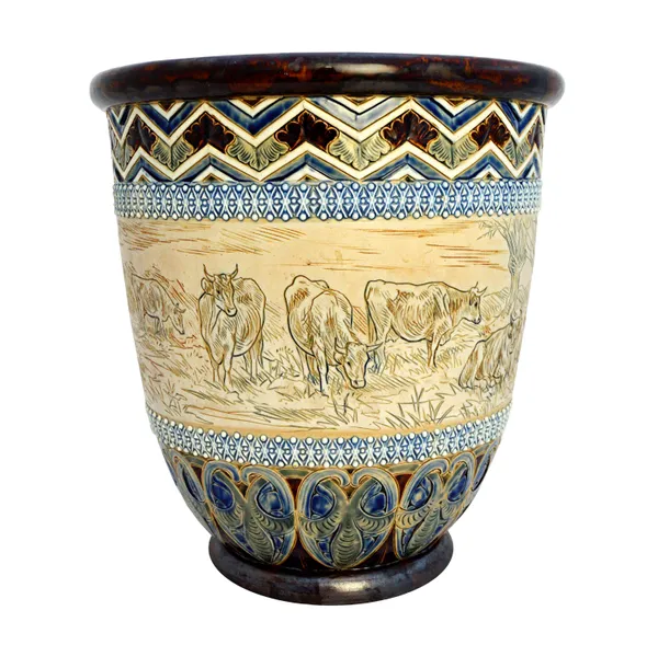 A Doulton Lambeth stoneware vase by Hannah Barlow, circa 1887, incised with cattle grazing in a landscape, with a foliate banded border, stamped and i