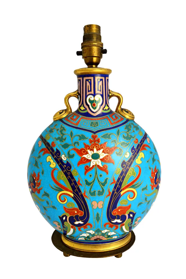 A Minton bone-china foliate decorated cloisonne style vase, after a design by Christopher Dresser, circa 1880, of two handled moon flask shape and lat