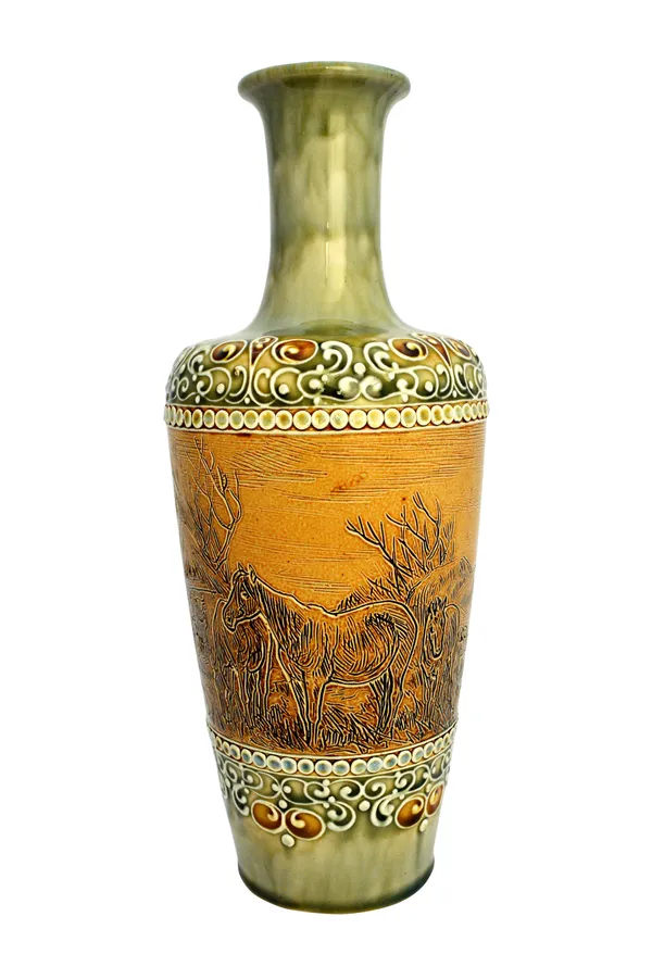 A Doulton Lambeth stoneware vase by Hannah Barlow, circa 1880, incised with horses and cattle grazing in a landscape, within a mottled green foliate b