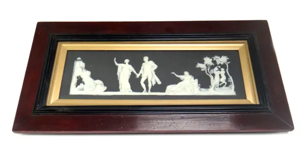 A pair of Wedgwood black jasper rectangular plaques, late 19th century, applied in white with the `Judgement of Hercules' and `Dancing Hours', impress