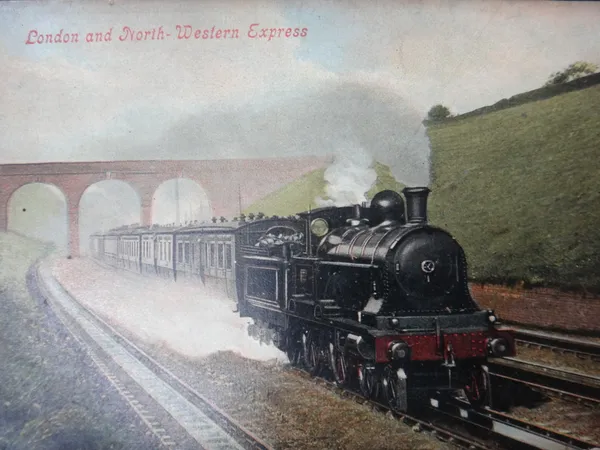 RAILWAY POSTCARDS - Trackside scenes, many with passing trains, also includes features such as viaducts & bridges, with some signal boxes, sidings & l