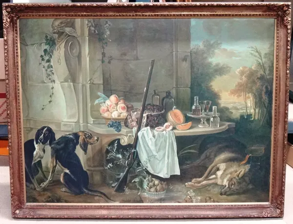 Continental School (late 20th century), Terrace with still life of dogs, gun, and fruit, oil on canvas, 90cm x 120cm.  E10