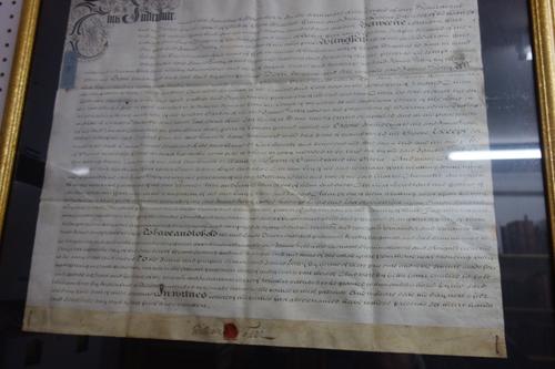 DOCUMENTS -  Indenture, William Farr & James Selby, land at Wavendon (Bucks); vellum document, with seal. December, 1707  *  mounted in gilt frame. 66