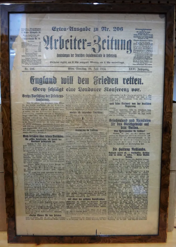 EUROPEAN MISCELLANY - including framed bulletin concerning the attempted assassination of Franz Joseph 1 (1853); framed headline sheet Arbeiter-Zeitun