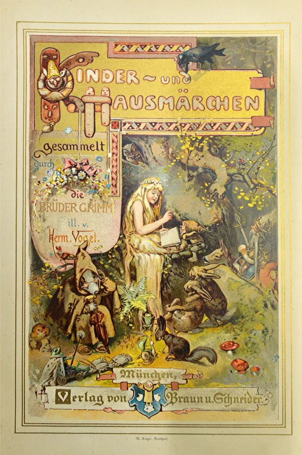 GRIMM (Brothers)  Kinder und Hausmarchen  . . .  coloured pictorial title & 7 other coloured plates (by H. Vogel) & num. engraved text illus.; gilt-pi