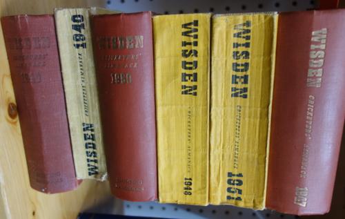 WISDEN CRICKETERS' ALMANACK - 6 issues for 1940 & 1947 - 1951;  photo. illus., limp wrappers & brown cloth bindings.