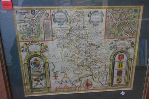 John SPEED - Buckingham. Both Shyre and Shire-Towne described. 39 x 52cms. (within mount), hand-coloured, cartouche titles, inset plans of Buckingham