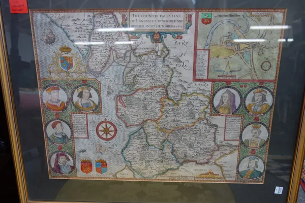 John SPEED - The Countie Pallentine of Lancaster described and divided into hundreds 1610. 38 x 51cms. (within mount), hand-coloured, cartouche title,
