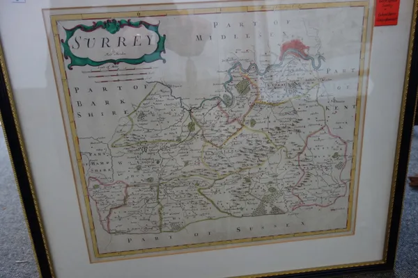 Robert MORDEN - Surrey. 37 x 43cms. (within mount), outline hand-colouring. (? 1720); sold with Richard BLOME - A Mapp of Nottingham Shire. 36 x 29cms