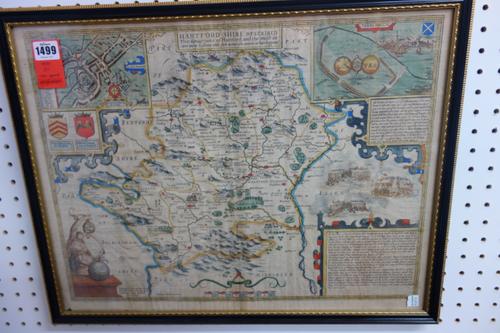 John SPEED - Hartford Shire Described  . . .  40 x 53cms. (within frame), hand-coloured, inset plans of Hertford & depiction of Veralamium, 2 armorial