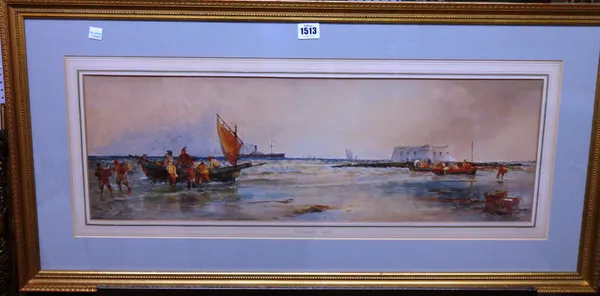 Thomas Bush Hardy (1842-1897), Unloading the catch, watercolour, signed and dated 1893, 22cm x 68cm.  Illustrated
