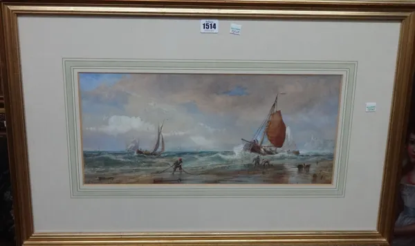 Edwin Hayes (1819-1904), Fishing smacks off thr coast, watercolour heightened with bodycolour, 21cm x 47cm.
