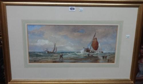 Edwin Hayes (1819-1904), Fishing smacks off thr coast, watercolour heightened with bodycolour, 21cm x 47cm.