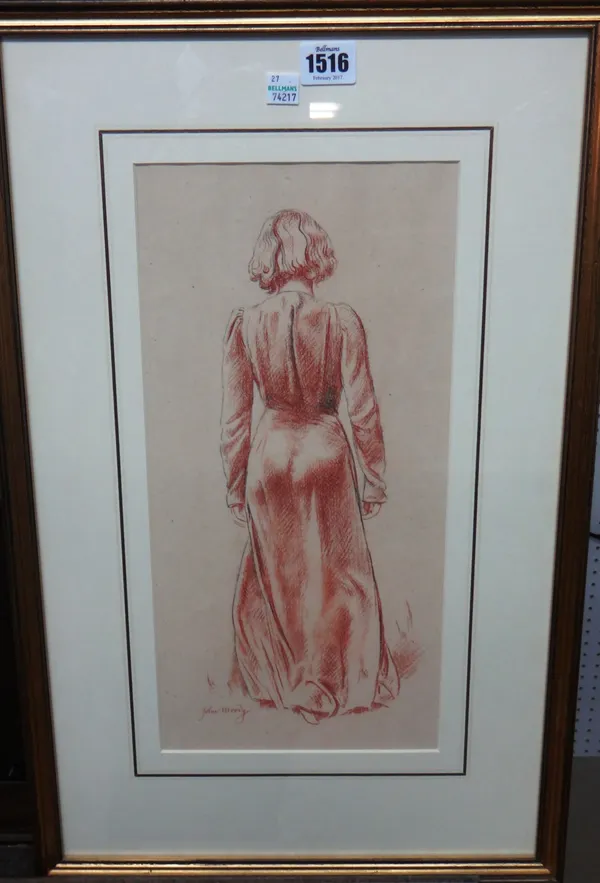 John Charles Moody (1884-1962), Girl in an evening dress, c.1935, sanguine chalk, signed, 38cm x 18cm. DDS