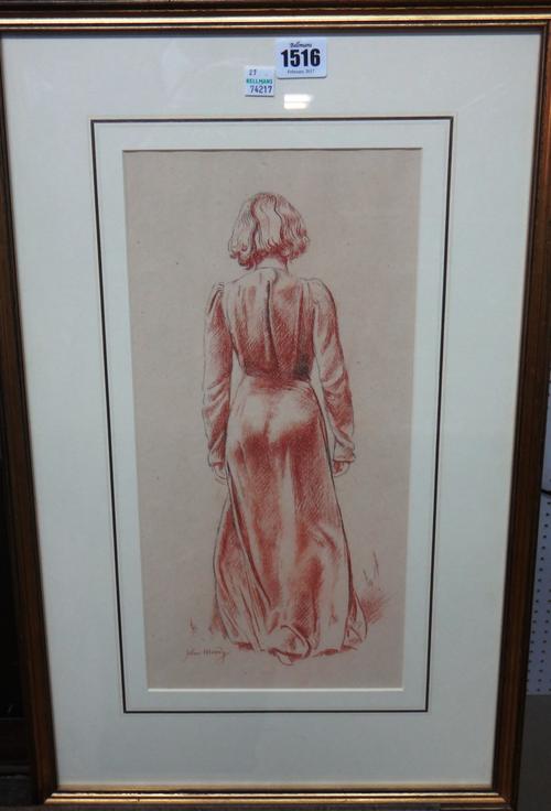 John Charles Moody (1884-1962), Girl in an evening dress, c.1935, sanguine chalk, signed, 38cm x 18cm. DDS