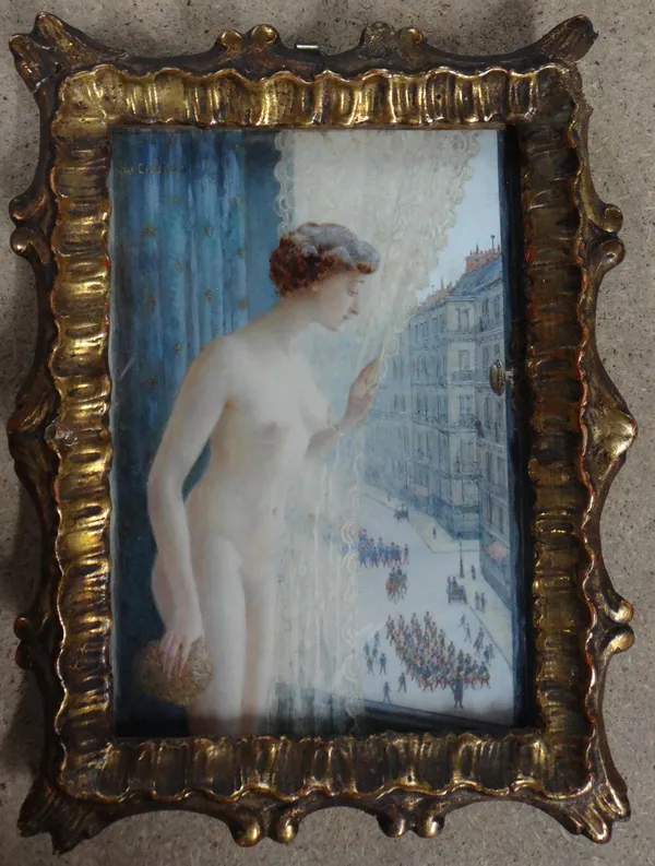 Horace de Callias (1847-1928), Nude at a window, watercolour and gouache on ivory/ivorine, signed, 14.5cm x 10cm.