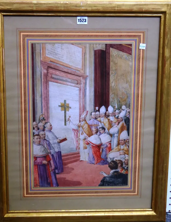 Federico de Federicis (19th century), A Papal blessing at the tomb of Pope Gregory XIII, watercolour and gouache, signed, 47cm x 31cm.Property from th