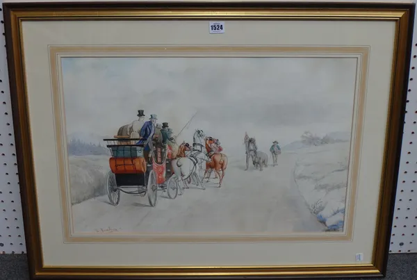 Richard Rosenbaum (1864-?), Coaching scenes in the snow, a pair, watercolour, both signed, each 40cm x 63cm.(2)