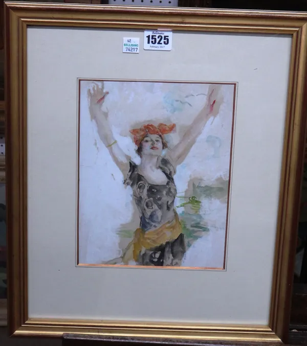 English School (early 20th century), A showgirl, watercolour heightened with white, 22cm x 17.5cm.