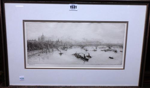William Lionel Wyllie (1850-1931), View of St Pauls, etching with drypoint, signed in pencil, 16cm x 37cm.  Illustrated