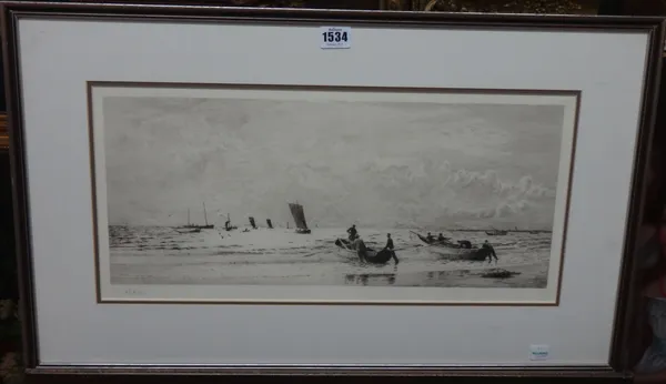 William Lionel Wyllie (1850-1931), Rowing boats at the shoreline, etching with drypoint, signed in pencil, 21.5cm x 49cm.