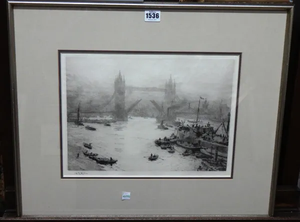 William Lionel Wyllie (1850-1931), Tower Bridge, etching with drypoint, signed in pencil, 24cm x 34cm.  Illustrated