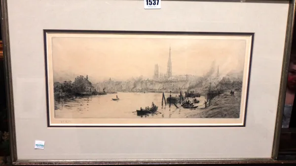 William Lionel Wyllie (1850-1931), River scene with cathedral beyond, etching with drypoint, signed in pencil, 16cm x 37cm.