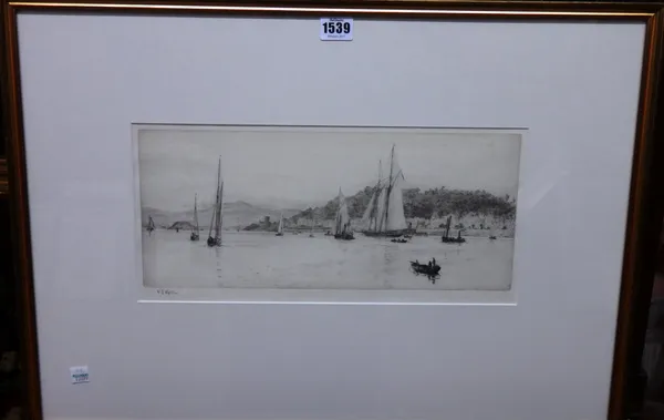 William Lionel Wyllie (1850-1931), Sailing boats in an estuary, etching with drypoint, signed in pencil, 16cm x 37.5cm.