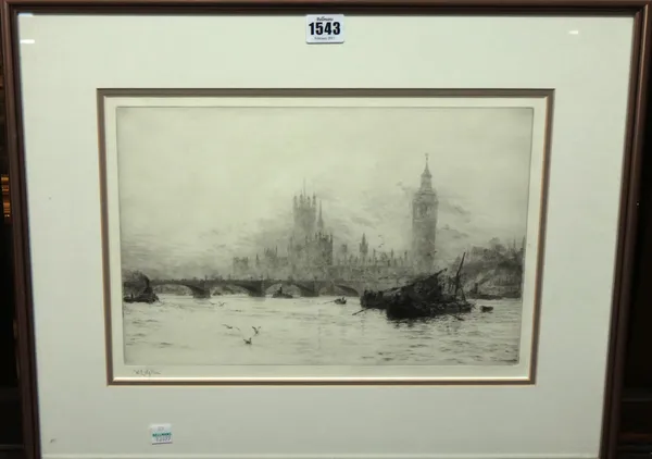 William Lionel Wyllie (1850-1931), The Thames at Westminster, etching with drypoint, signed in pencil, 22.5cm x 34.5cm.  Illustrated