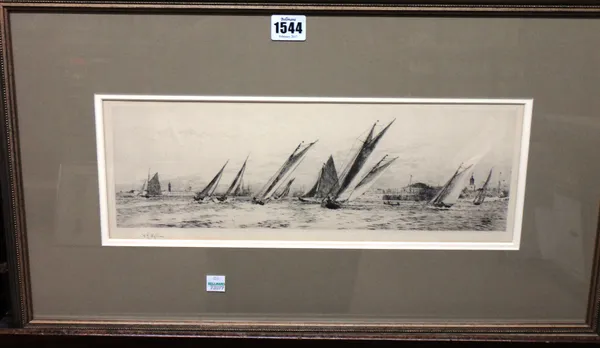 William Lionel Wyllie (1850-1931), Yachts racing, etching with drypoint, signed in pencil, 13cm x 39cm.