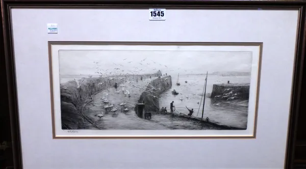 William Lionel Wyllie (1850-1931), The Harbour wall, etching with drypoint, signed in pencil,16cm x 37cm.