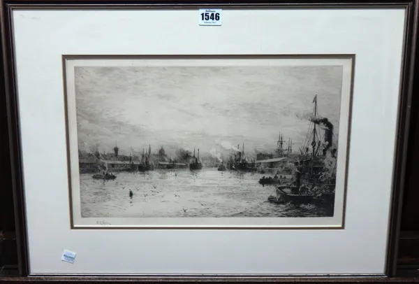 William Lionel Wyllie (1850-1931), Harbour view, etching with drypoint, signed in pencil, 22cm x 37cm.  Illustrated