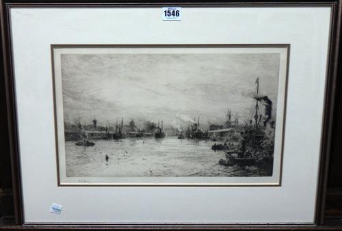 William Lionel Wyllie (1850-1931), Harbour view, etching with drypoint, signed in pencil, 22cm x 37cm.  Illustrated