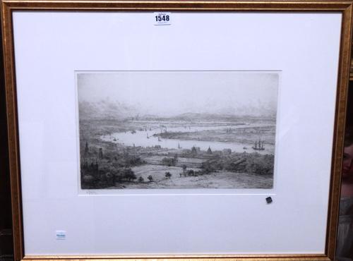 William Lionel Wyllie (1850-1931), View of Greenwich, etching with drypoint, signed in pencil, 22cm x 37cm.  Illustrated