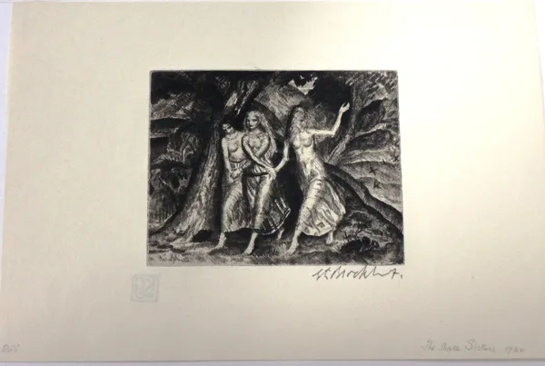 Gerald Leslie Brockhurst (1890-1978), Three sisters, etching, signed in pencil, unframed, 10cm x 12.5cm. DDS