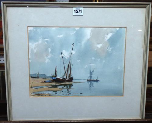 Edward Wesson (1910-1983), Boats at low tide, watercolour, signed, 22cm x 29cm.  DDS