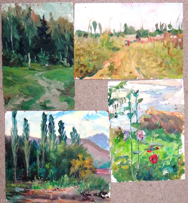A group of eleven 20th century Russian oils, of landscape subjects, mostly oil on card or canvas, some inscribed on reverse, all unframed.(11)