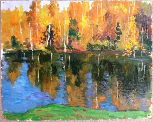 Saikina Aleksandra Vasilevne (b.1925), Lake scene; Harvest field; Still life of autumn berries, three, oil on board, inscribed and dated on reverse, 1