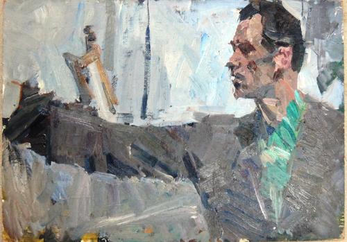 Attributed to Yuri Aleksandrovich Savinov (d.1997), A group of five portrait and figurative studies, oil on board, one with a second portrait study ve