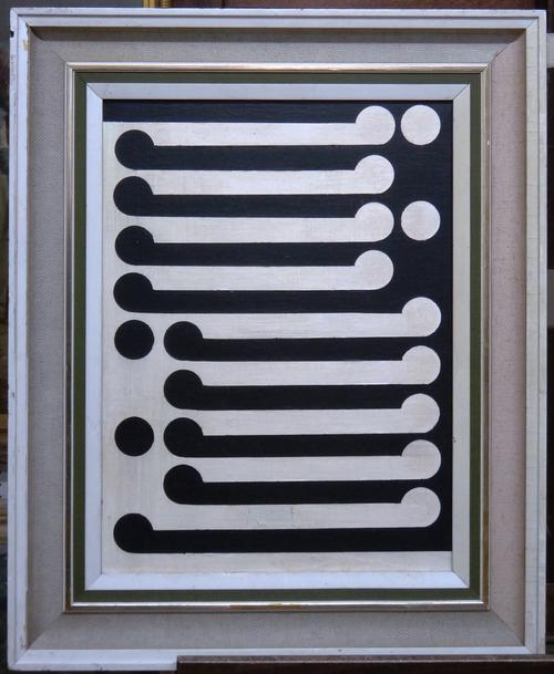 Follower of Gordon Walters (1918-1995), Korn III, acrylic on canvas, bears signature, inscription and date 1963 on reverse, 39cm x 29cm.