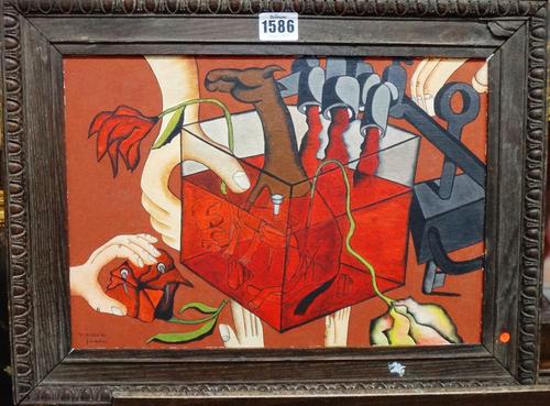 John W. Welson (b.1953), Disguise fair native for ill favoured rage; Surrealist Compositions, four, oil on board, all signed and dated '75,'82, '84, a