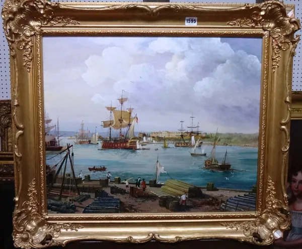 E. G. Burrows (20th century), The Gunwharf in the early days of Portsmouth Dockyard 1798, signed, inscribed on reverse, oil on board, 49cm x 59.5cm. D