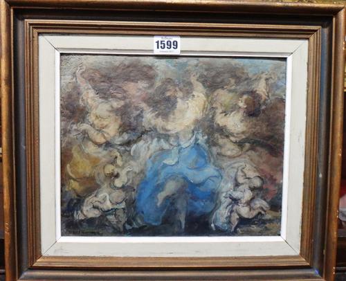 Mary Krishna (1909-1968), 'Let's Dance! Adieu dull care and dreary chance.', oil on board, signed, inscribed on label on reverse, 22cm x 27cm. DDS