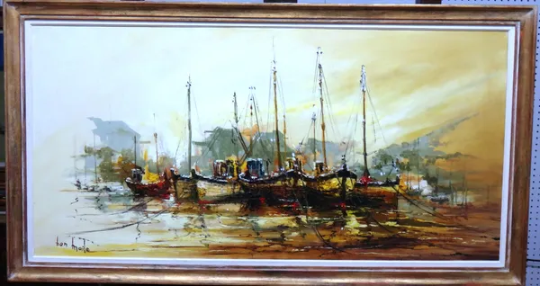 Ben Maile (b.1922), Harbour scene, oil on canvas, signed, 50cm x 100.5cm. DDS