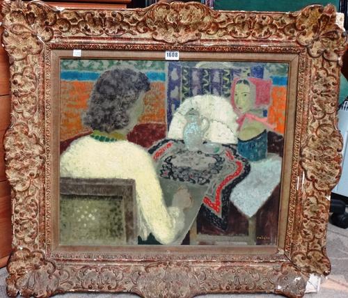 Continental School (early 20th century), Two women in an interior, oil on canvas, indistinctly signed, 45cm x 54cm.  Illustrated