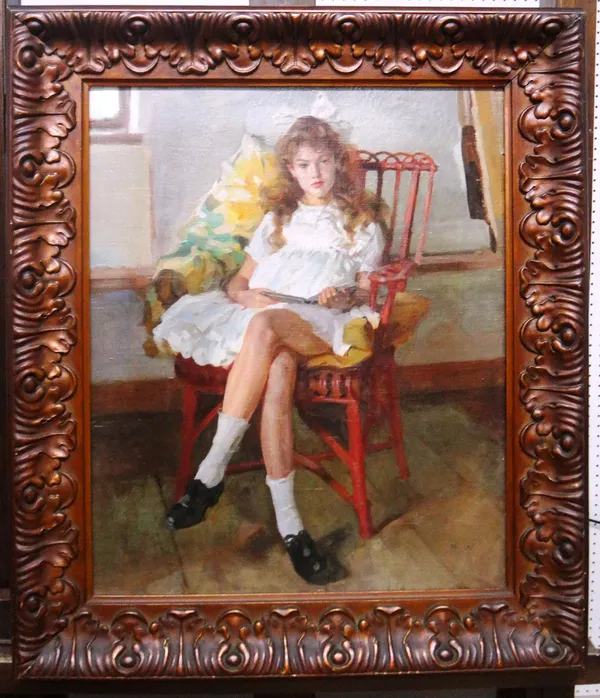 Circle of Bernard Fleetwood-Walker, Portrait of a young girl reading, oil on canvas, bears initials, 53cm x 43cm.