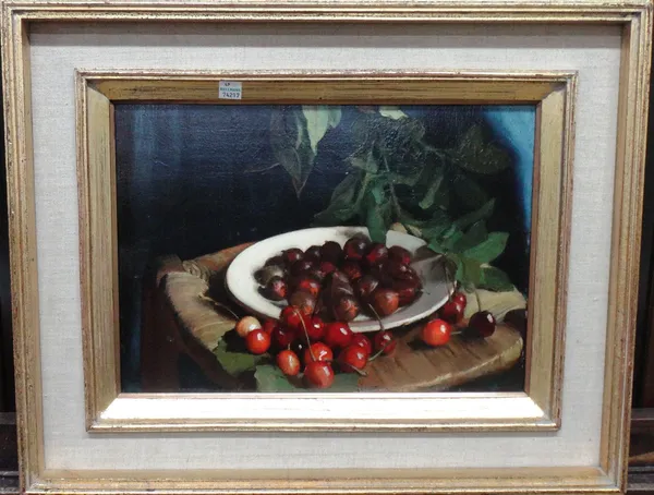 Dutch School (early 20th century), Still life of a plate of cherries, oil on panel, 26cm x 34.5cm.